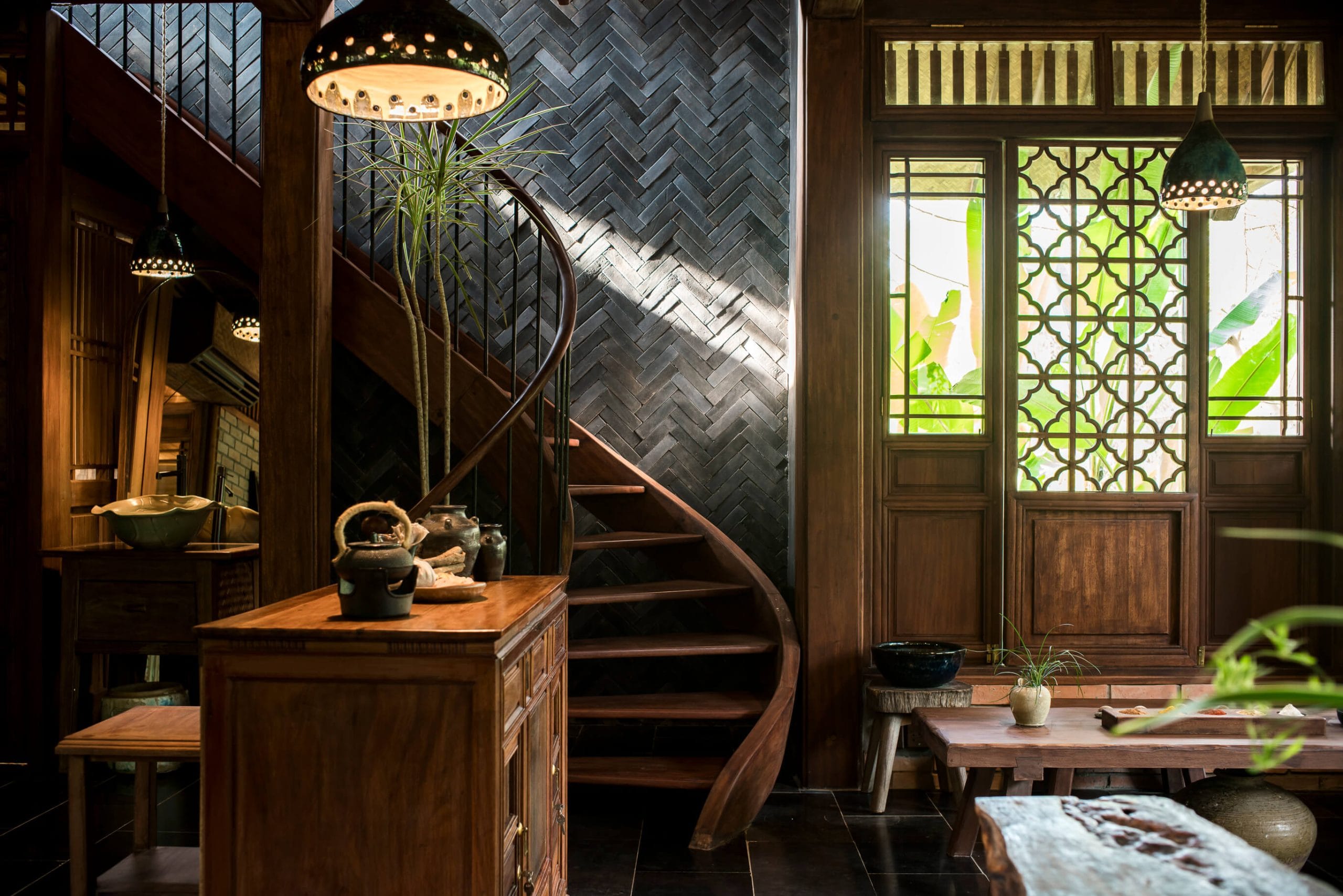 The charming interiors of Tam Coc Garden Resort, combining rustic elegance with warm, local materials
