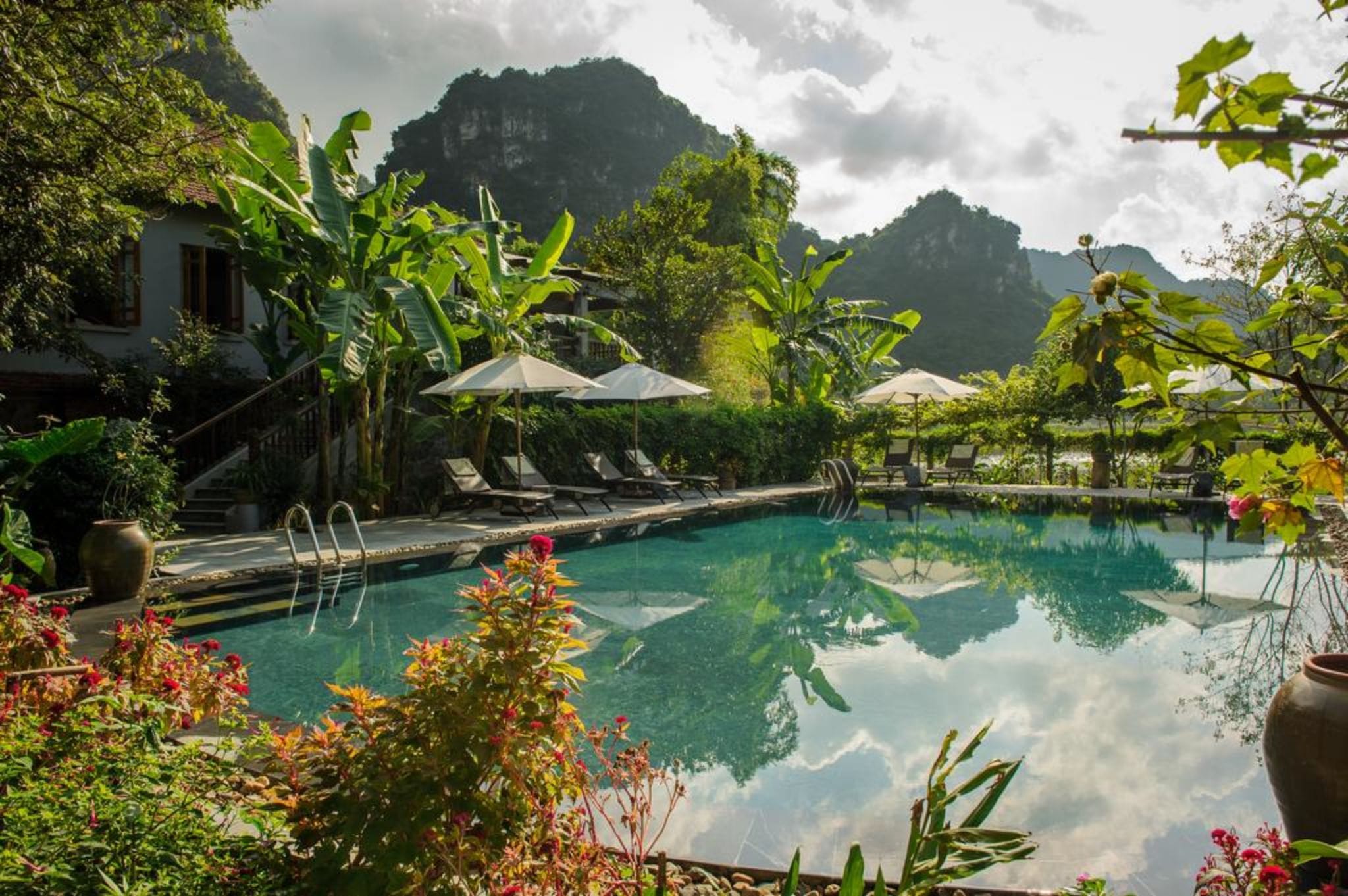 The outdoor swimming pool at Tam Coc Garden, offering a dramatic view directly into the surrounding rice fields and mountains.