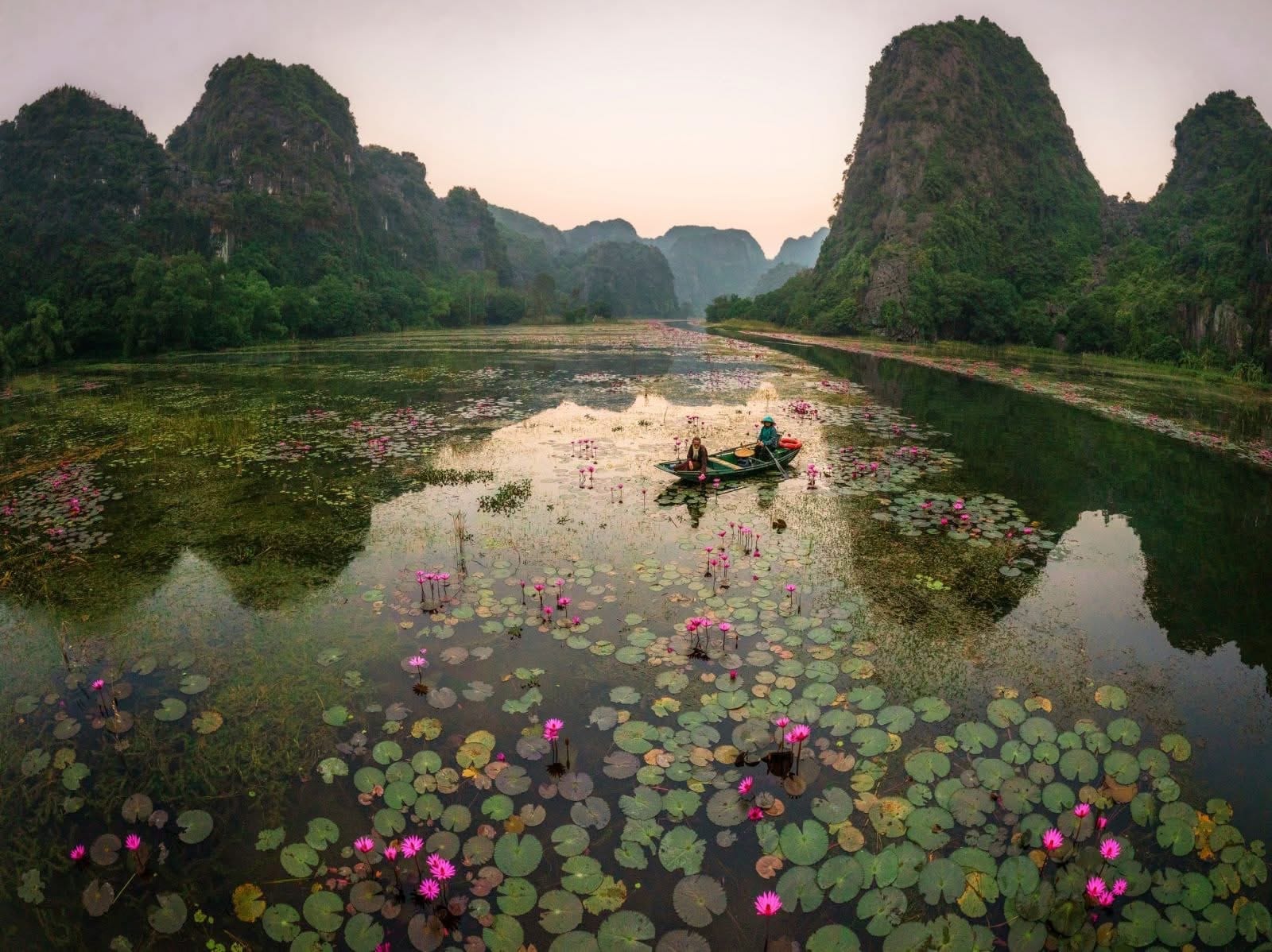 Van Long Lagoon at sunrise, showcasing the tranquil, mirror-like water that defines the reserve.