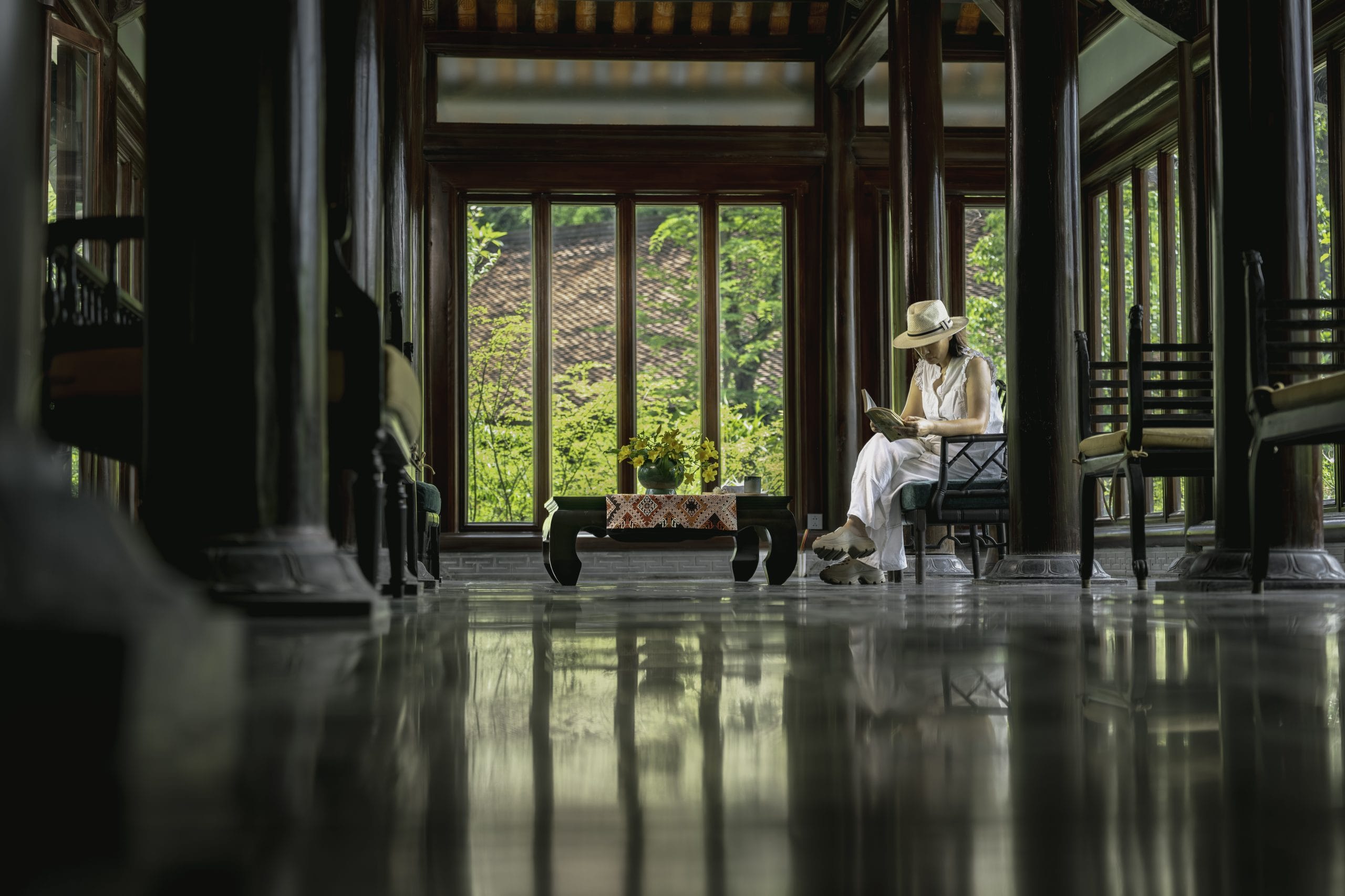 The harmonious and elegant interior of Jiva, showcasing natural materials that foster a holistic wellness experience.