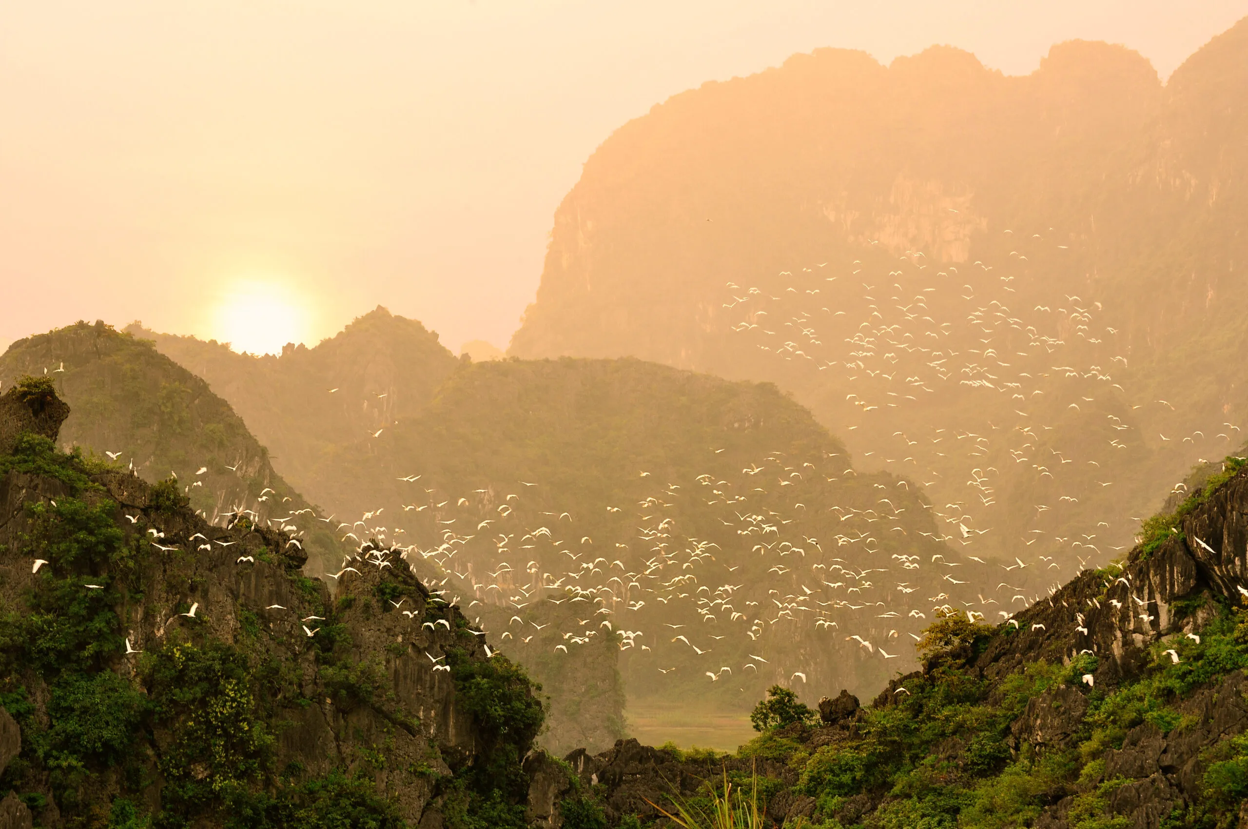 The dramatic mountains reflected perfectly on the still waters of Van Long.