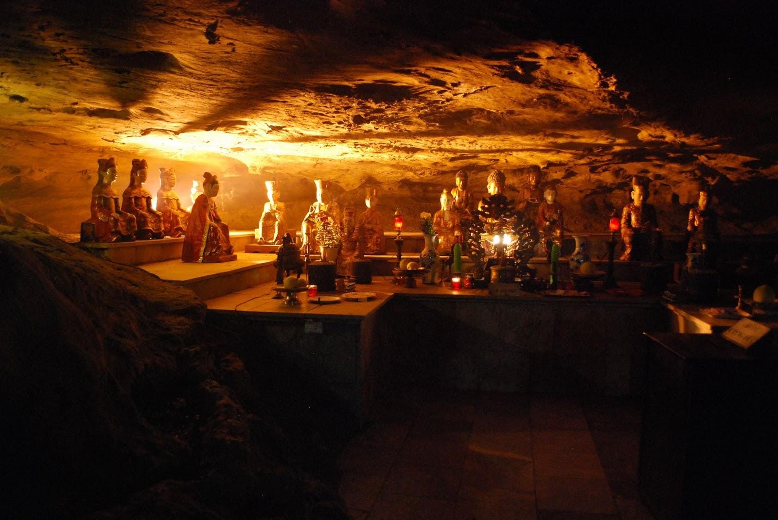 The serene altar inside the Ancestor Worship Cave, honoring the legendary National Master Nguyễn Minh Không.