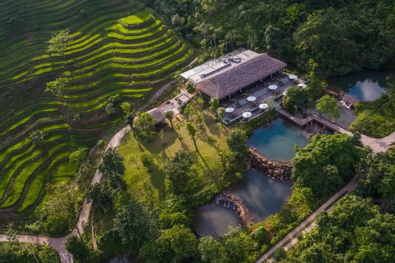  A secluded bungalow at Avana Retreat, hidden within the misty mountains and tiered rice terraces of Mai Chau.