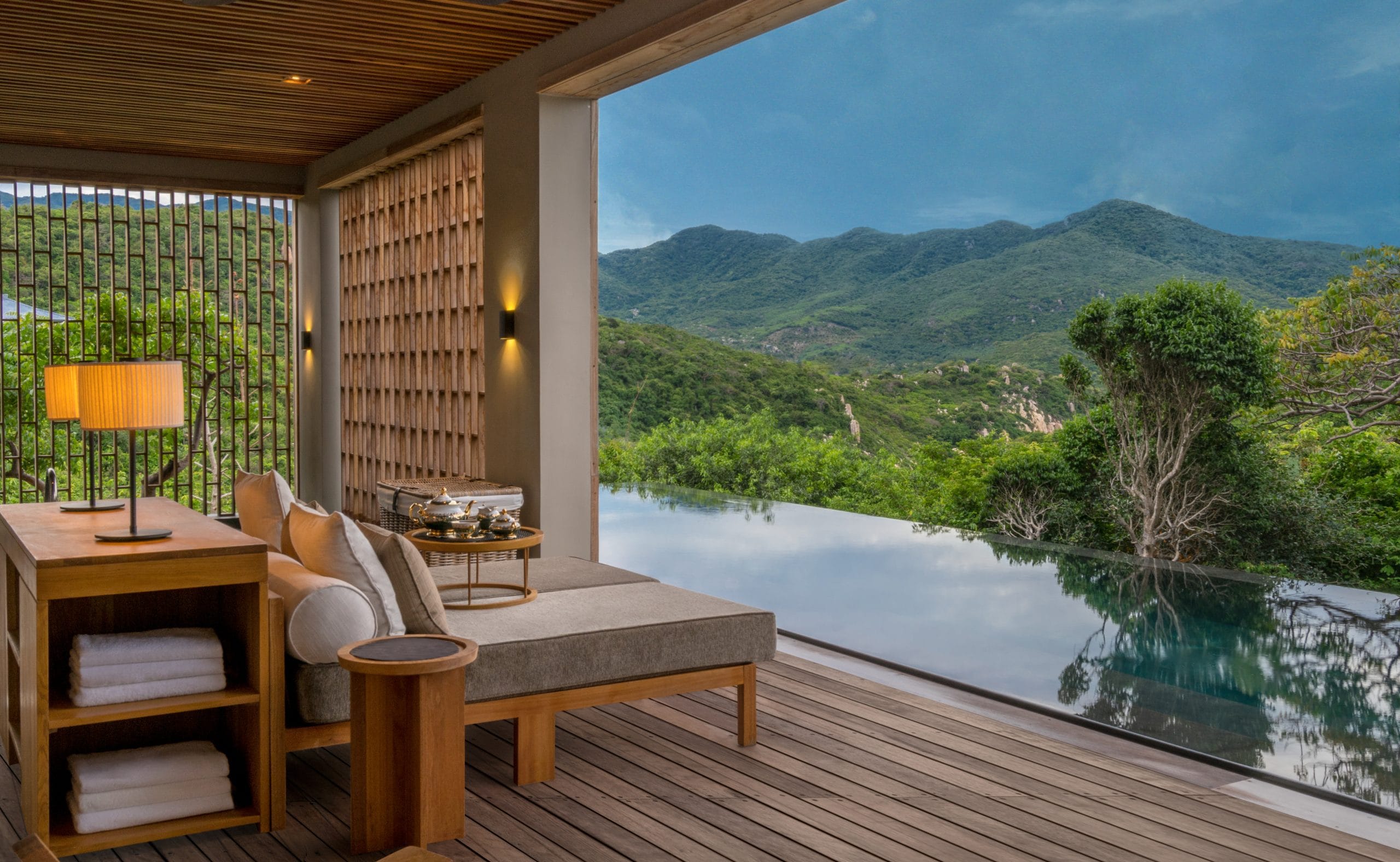 Restrained contemporary Vietnamese pavilions perched above Vinh Hy Bay at Amanoi luxury villa Vietnam