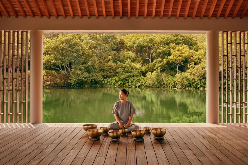 A secluded wellness villa featuring a private outdoor treatment pool overlooking Vinh Hy Bay.  