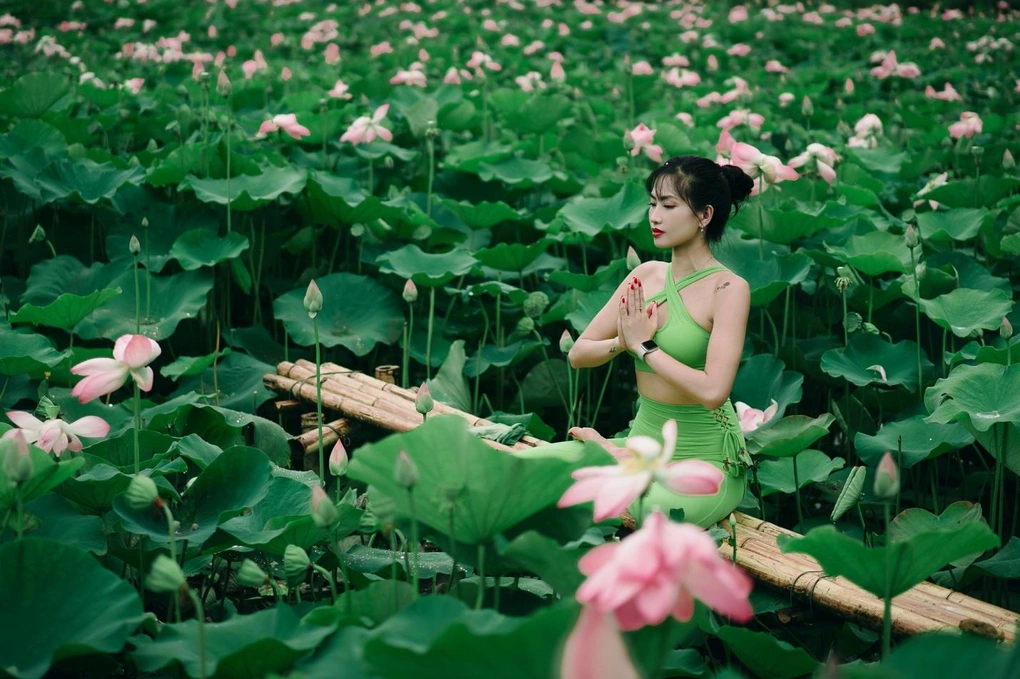 Soft dawn light illuminating a tranquil outdoor reception area surrounded by lotus ponds and bamboo foliage.